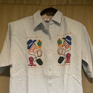Vintage Western Cowboy Embroidered Button Up Shirt Women’s Sz Small